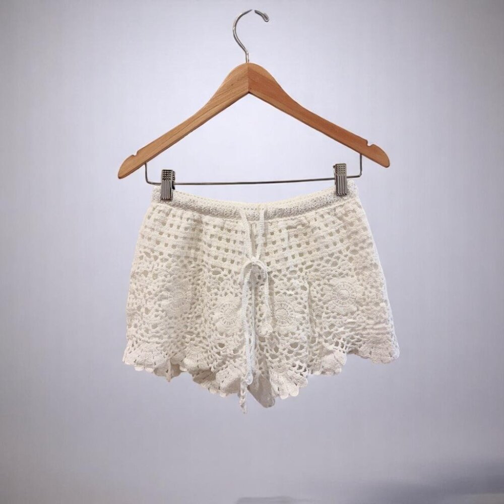 Crochet Lace White Women's Shorts with Drawstring